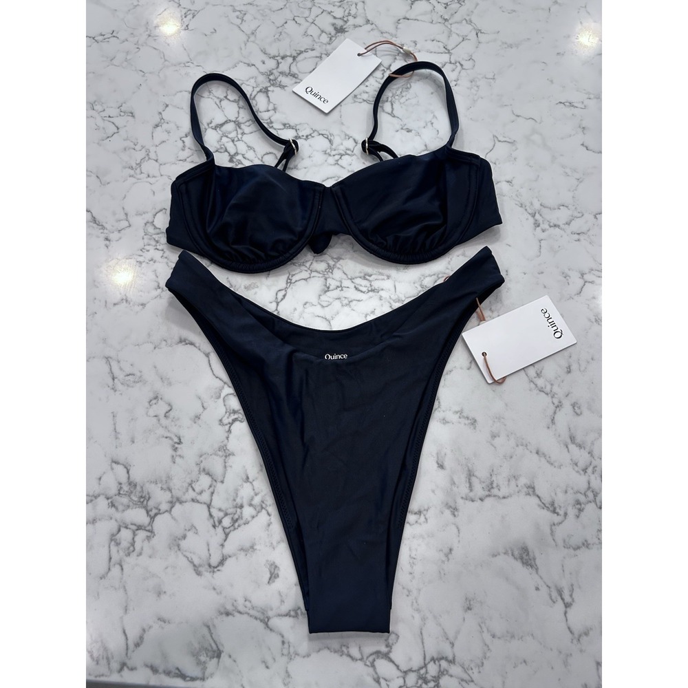 NWT Quince Black Italian Demi Bikini Top & High Leg Bottom Set Size Small